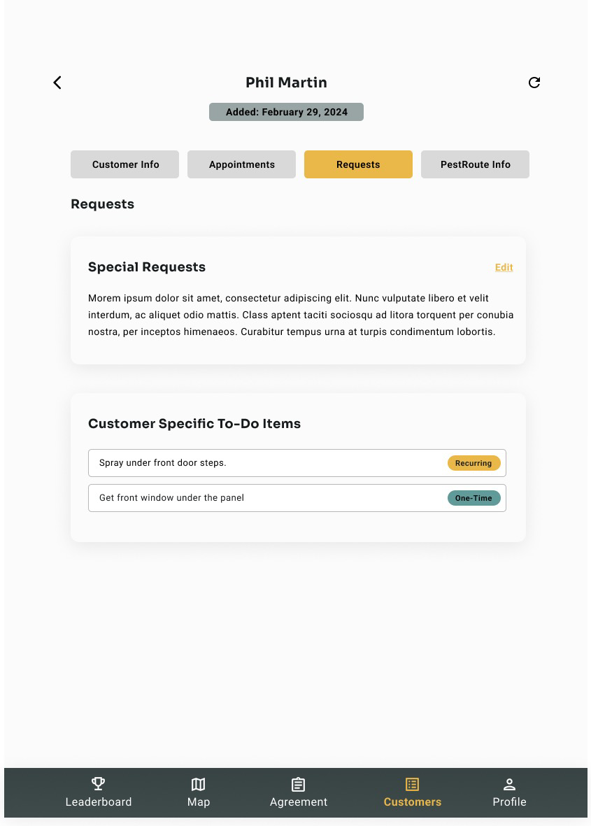 Customer card requests tab with special requests and customer-specific to-do items