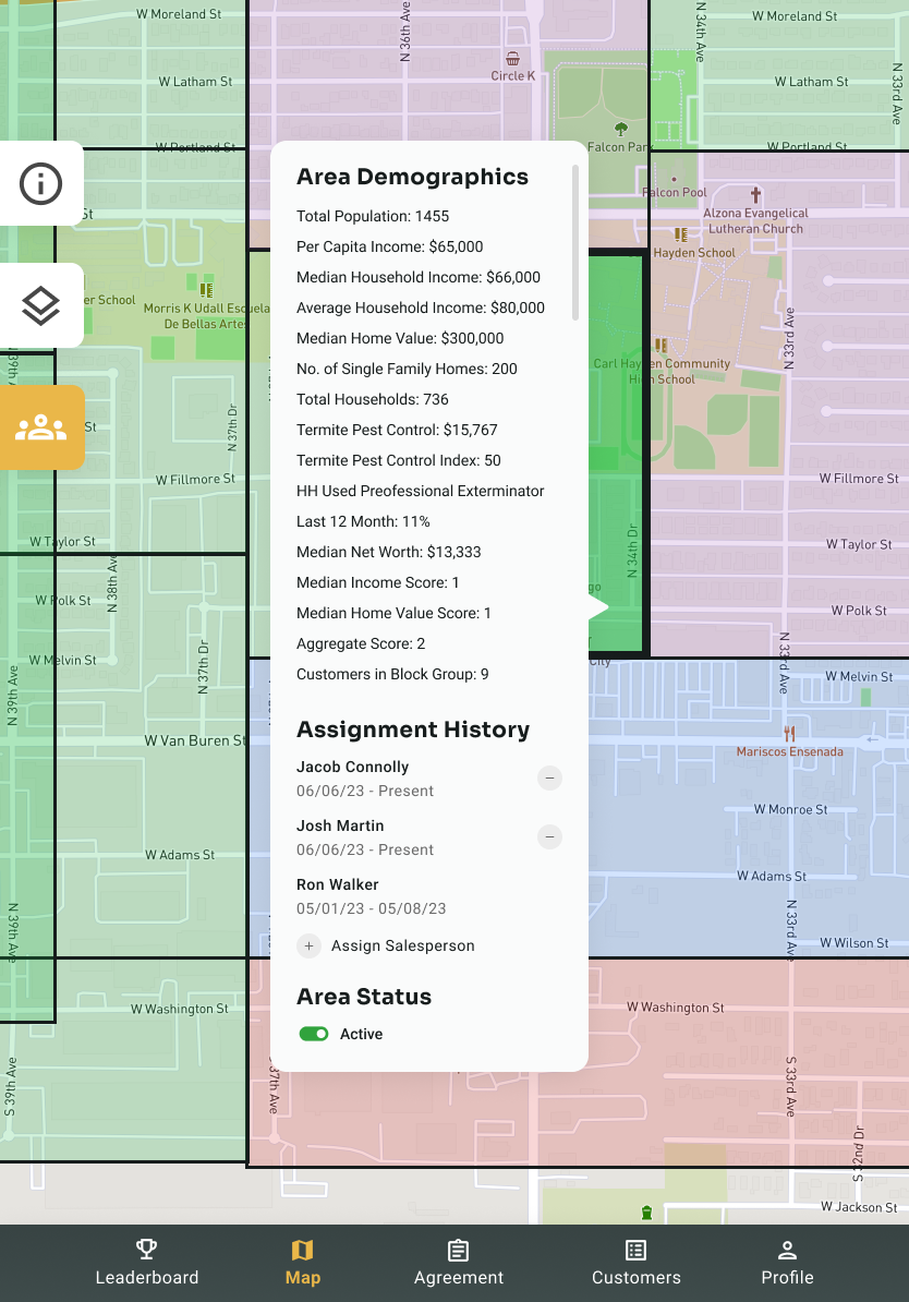 Manager map view with area demographics and assignment history