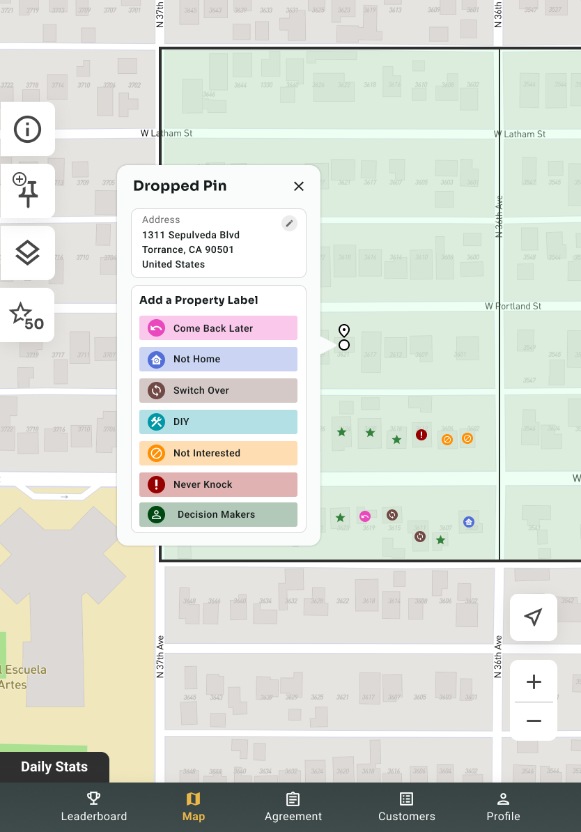 Sales rep map view with dropped pins and property labels
