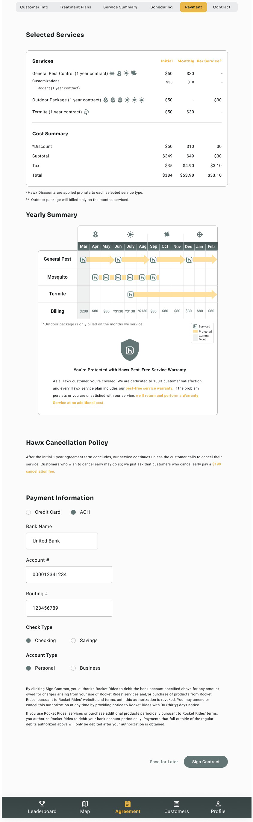 Payment screen showing yearly summary and ACH payment option