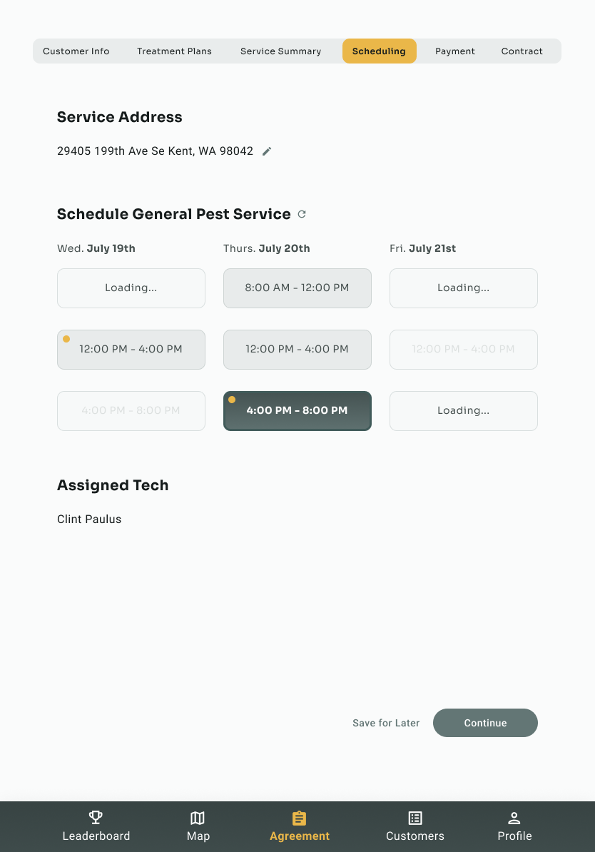 Service scheduling screen with date and time selection