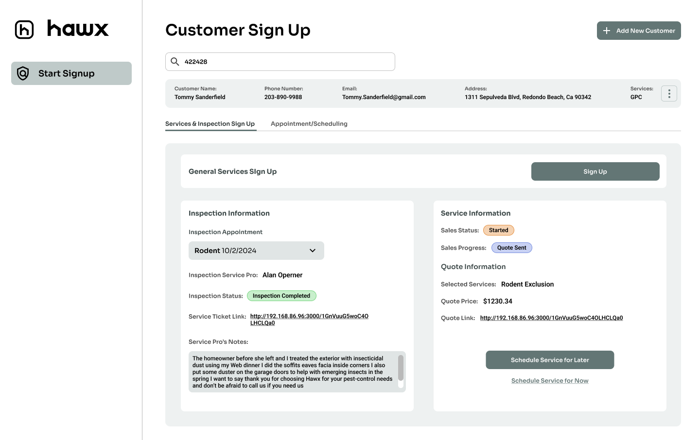 Customer lookup screen showing inspection appointments and account details
