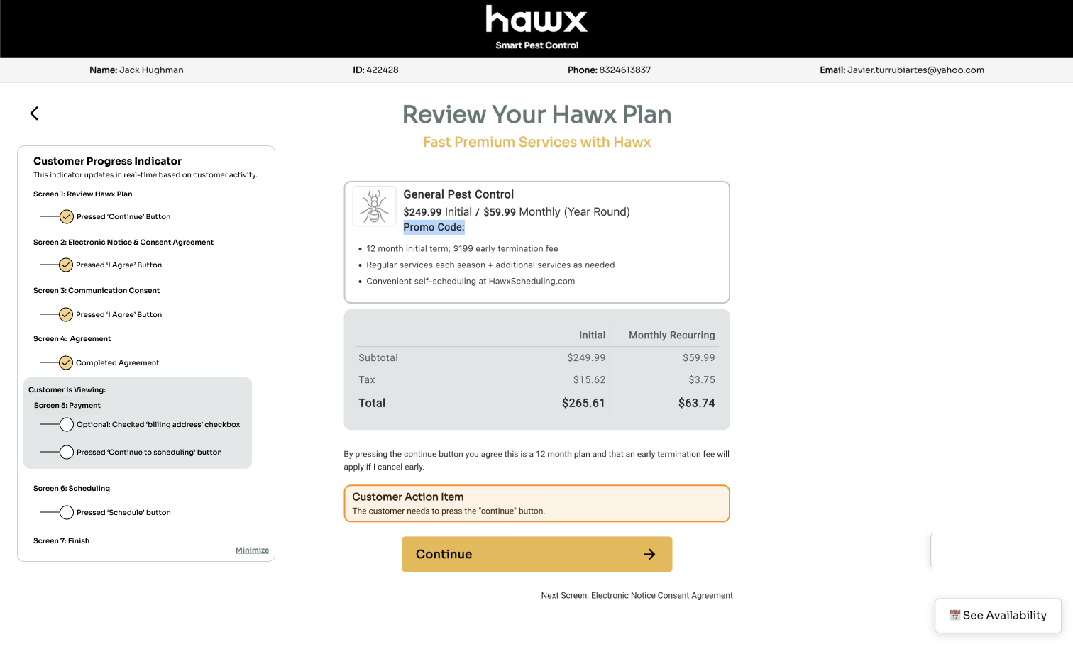 Progress indicator showing customer action items and completion status