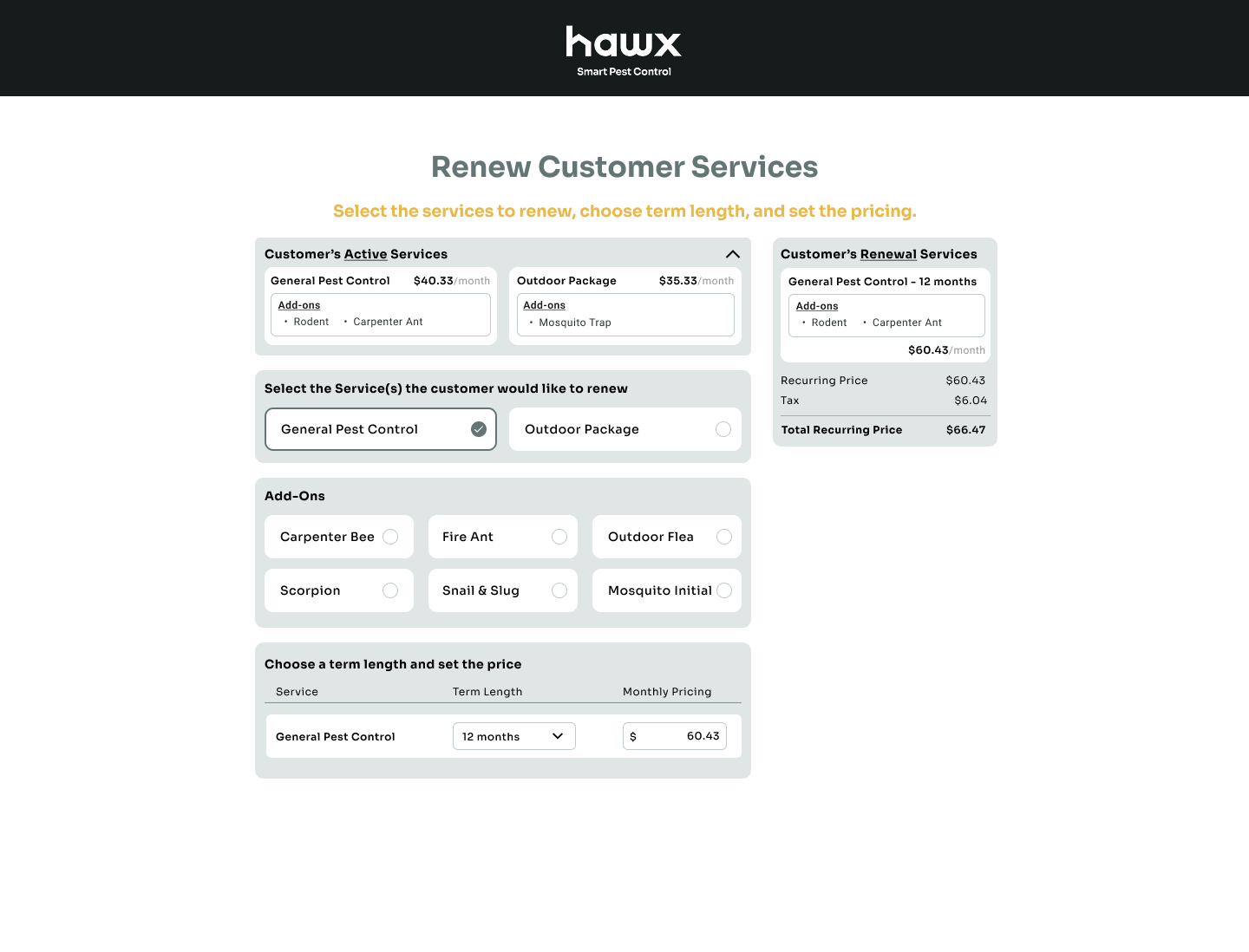 Renewal screen showing active services, renewal selection, add-ons, and pricing summary