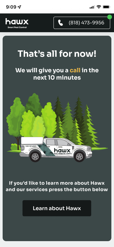 Completion screen promising a callback within 10 minutes