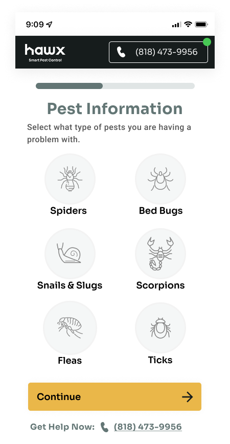 Additional pest selection showing spiders, bed bugs, snails, scorpions, fleas, and ticks