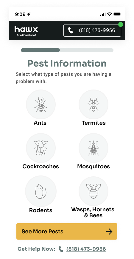 Pest selection screen showing ants, termites, cockroaches, mosquitoes, rodents, and wasps